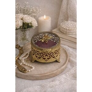 Vintage Ormolu Glass Gold Filigree Casket Jewelry Trinket Box Velvet Rose